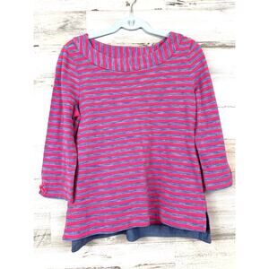 Talbots Womens S Petite Blue Pink Striped Nautical 3/4 Sleeve Cotton Sweatshirt